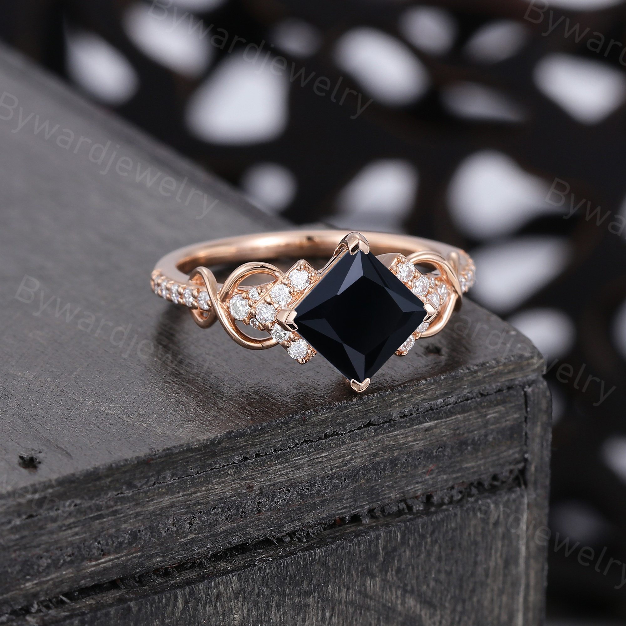 Princess Cut Black Onyx Engagement Ring Unique Rose Gold Ring