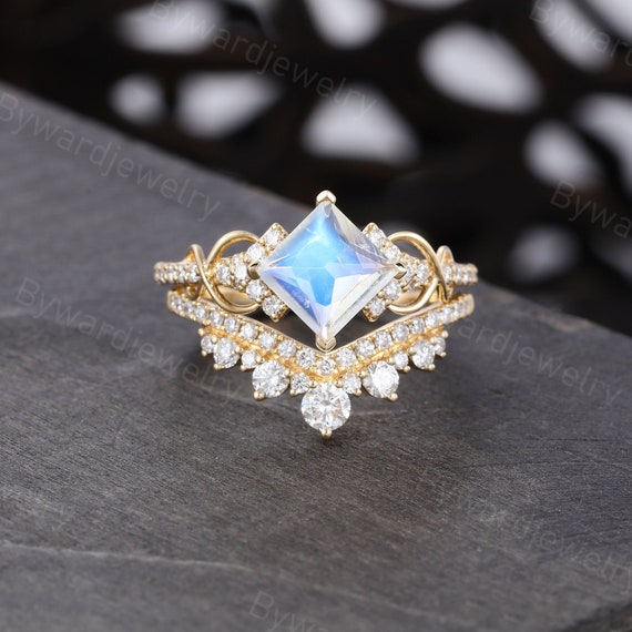 Princess Cut Moonstone Engagement Ring Set Unique Yellow Gold