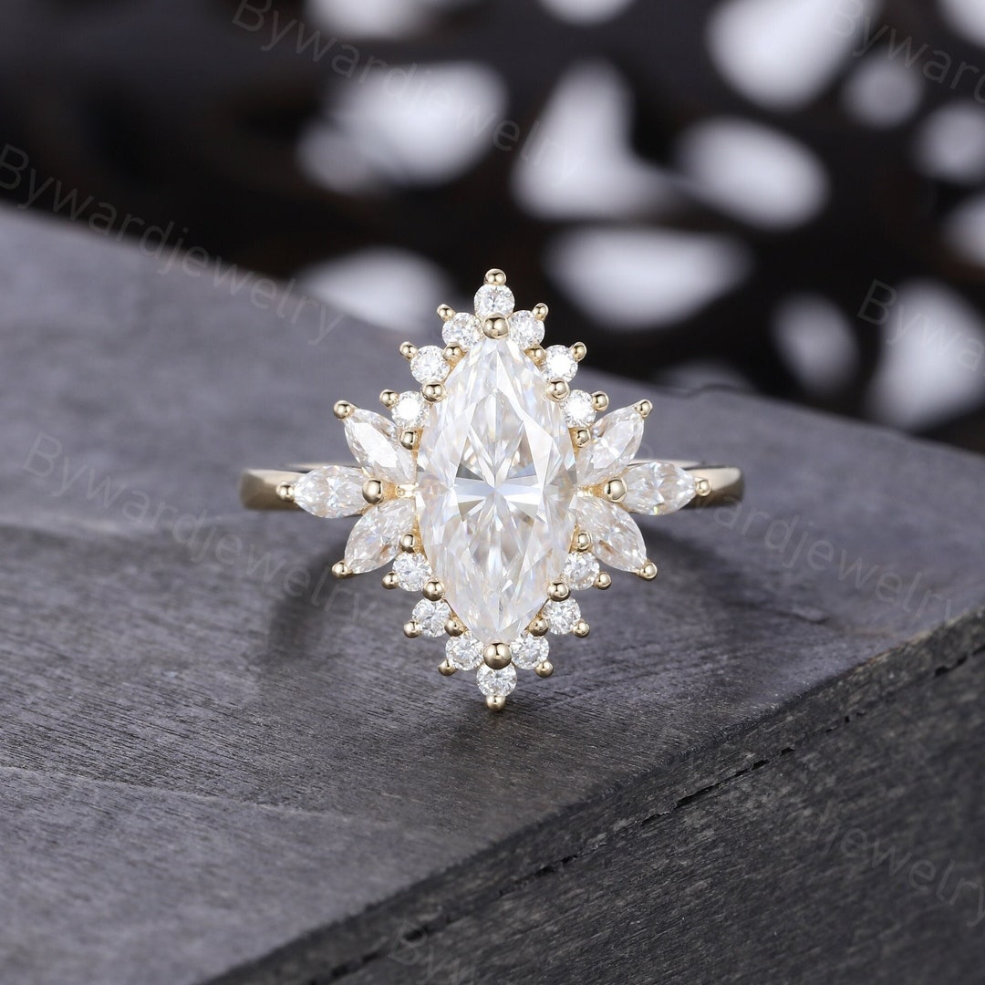 Marquise Cut Moissanite Engagement Ring Unique Yellow Gold Ring Vintage ...