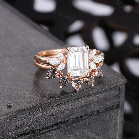 Emerald Cut Moissanite Engagement Ring Set Unique Black Rutilated