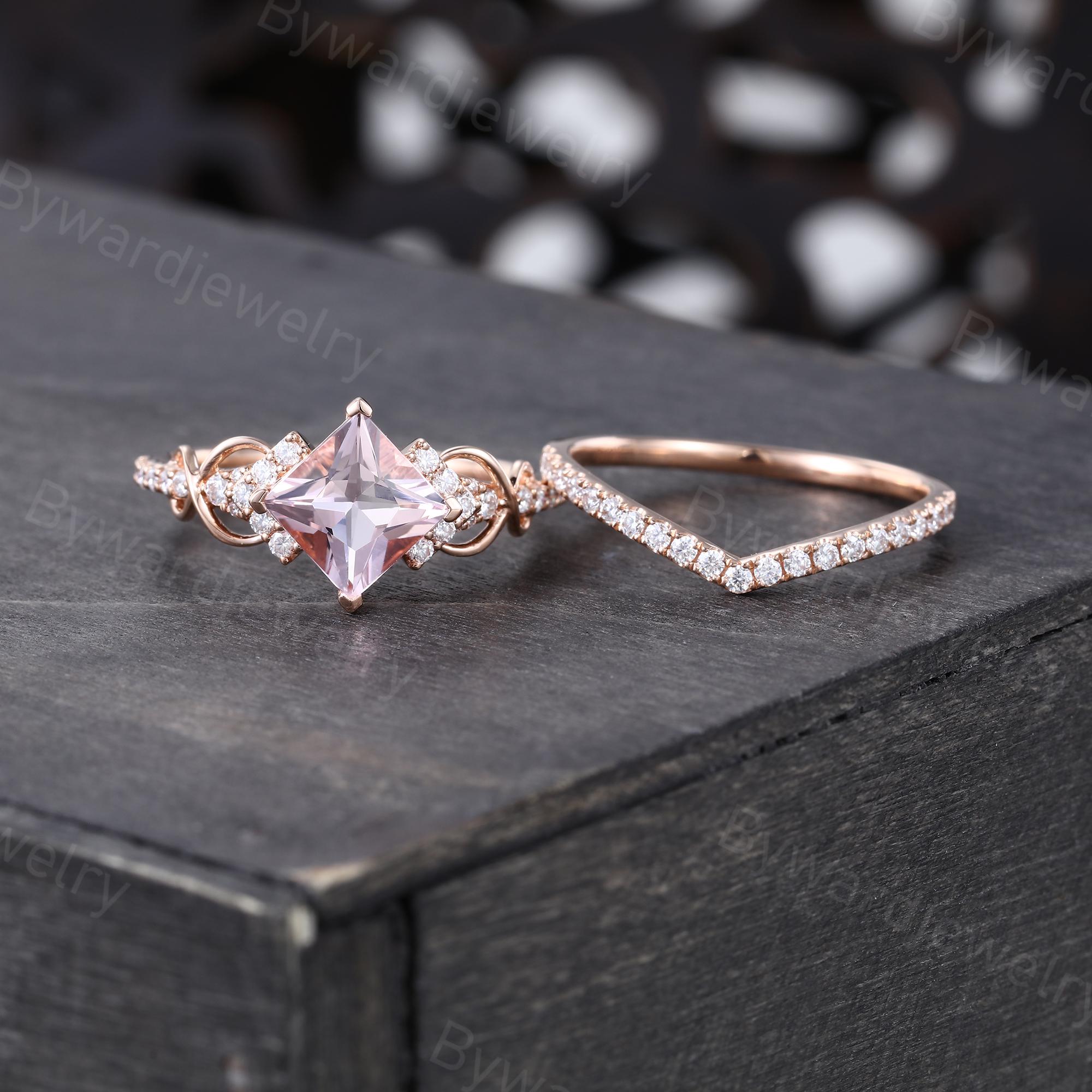 Princess Cut Morganite Engagement Ring Set Unique Rose Gold Ring
