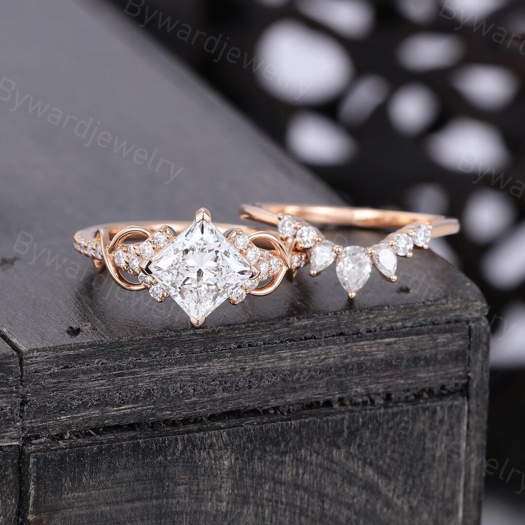 Princess Cut Lab Grown Diamond Engagement Ring Set Unique Rose Gold ...