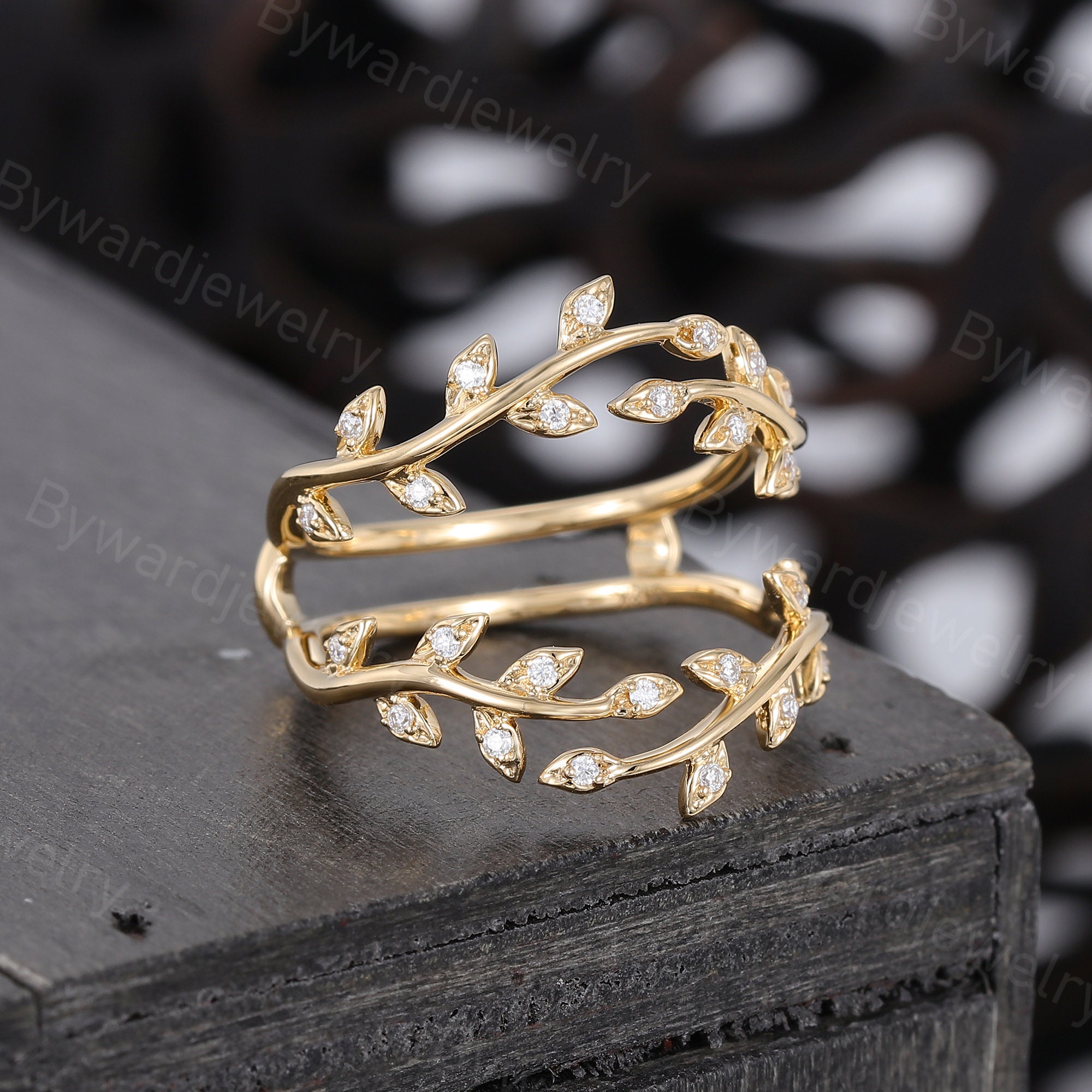 Unique Leaf Moissanite Curved Wedding Band Vintage Twig Yellow Gold ...
