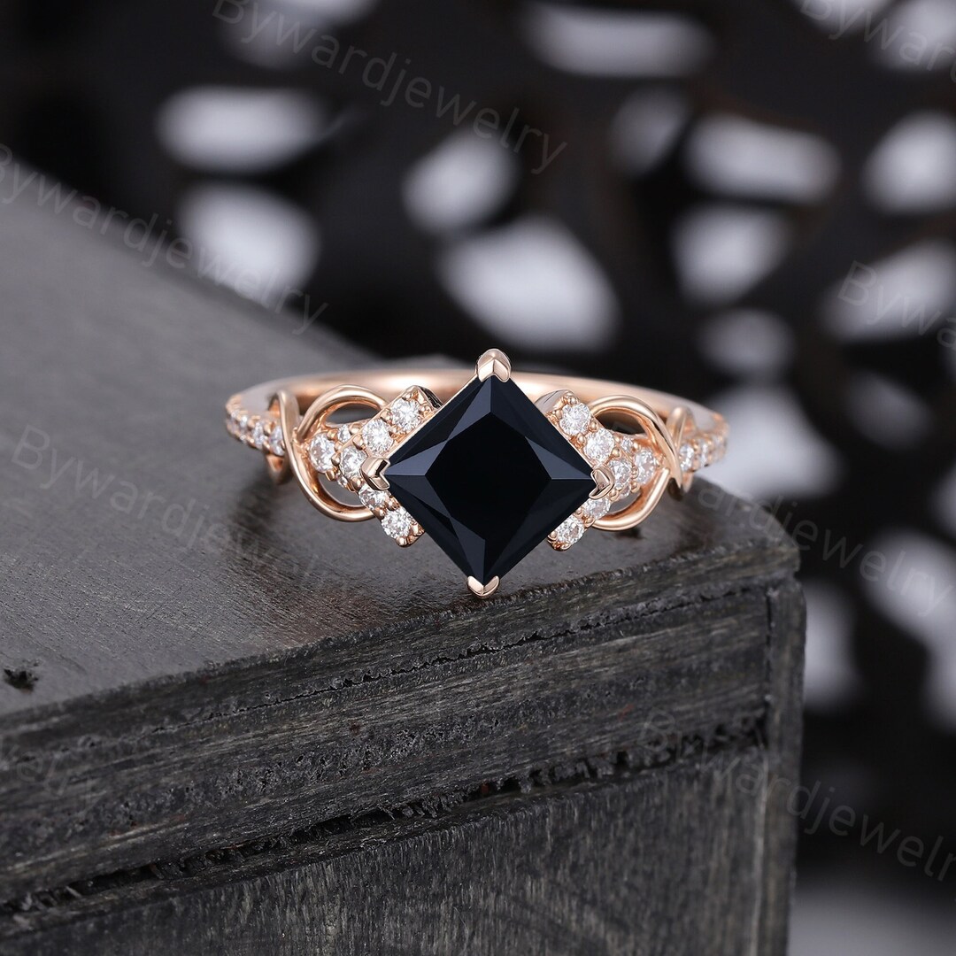 Princess Cut Black Onyx Engagement Ring Unique Rose Gold Ring