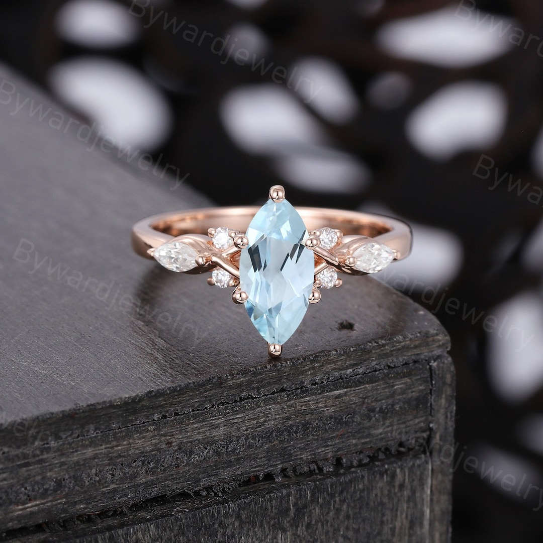 Marquise Cut Aquamarine Engagement Ring Unique Rose Gold Ring