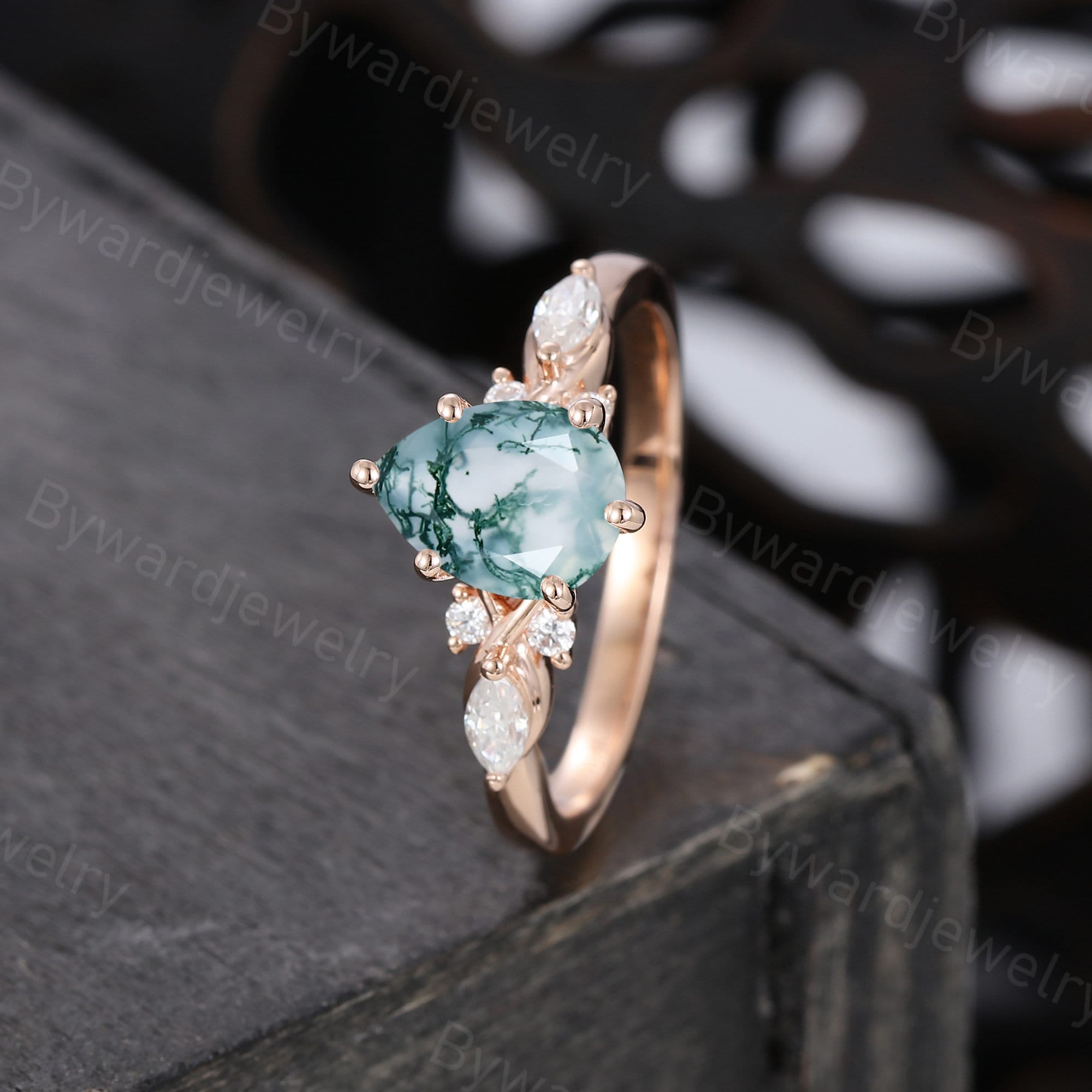Pear Shaped Moss Agate Engagement Ring Unique Rose Gold - Etsy