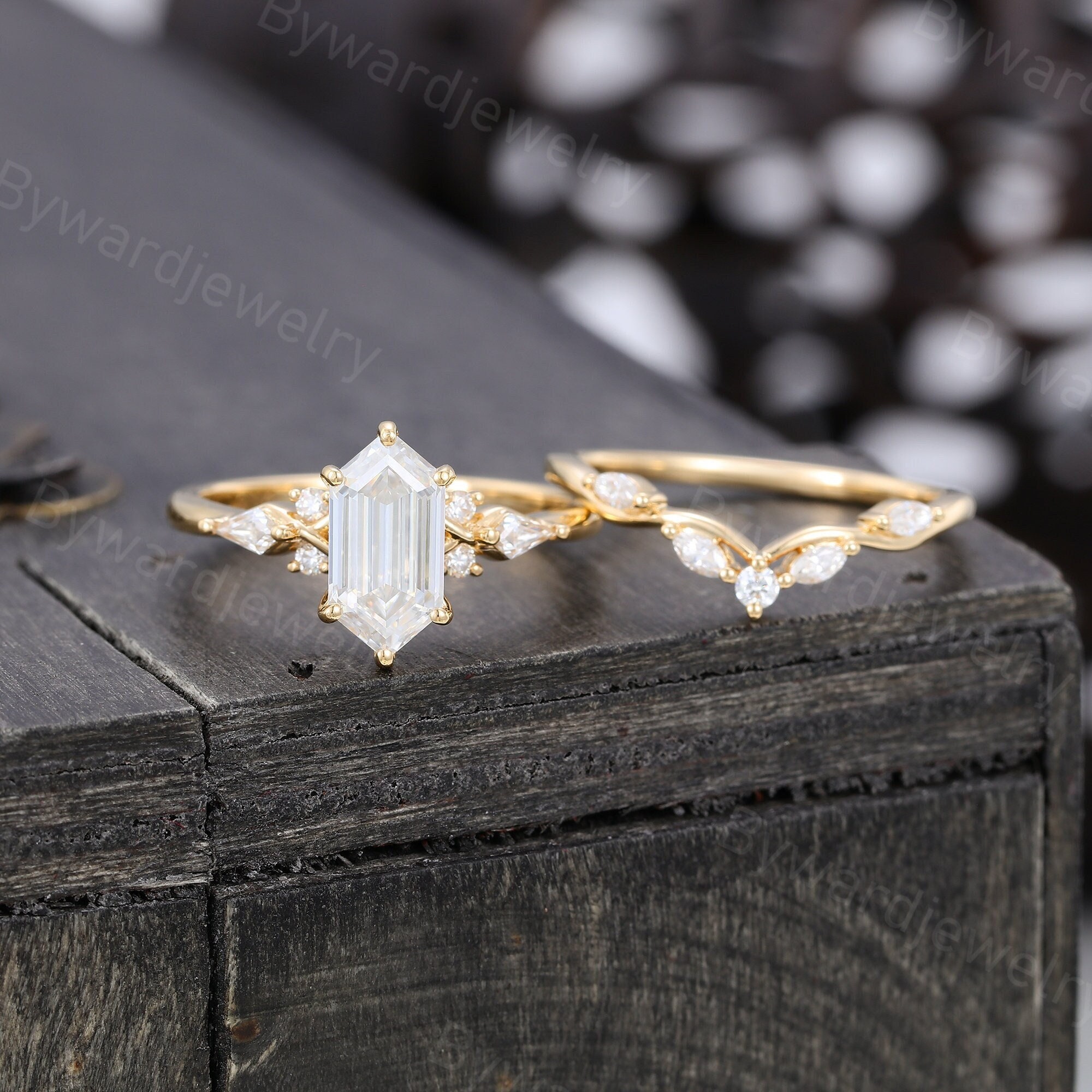Elongated Hexagon Moissanite engagement ring set Unique Kite cut Diamond wedding ring Yellow gold Bridal ring Promise ring Anniversary ring