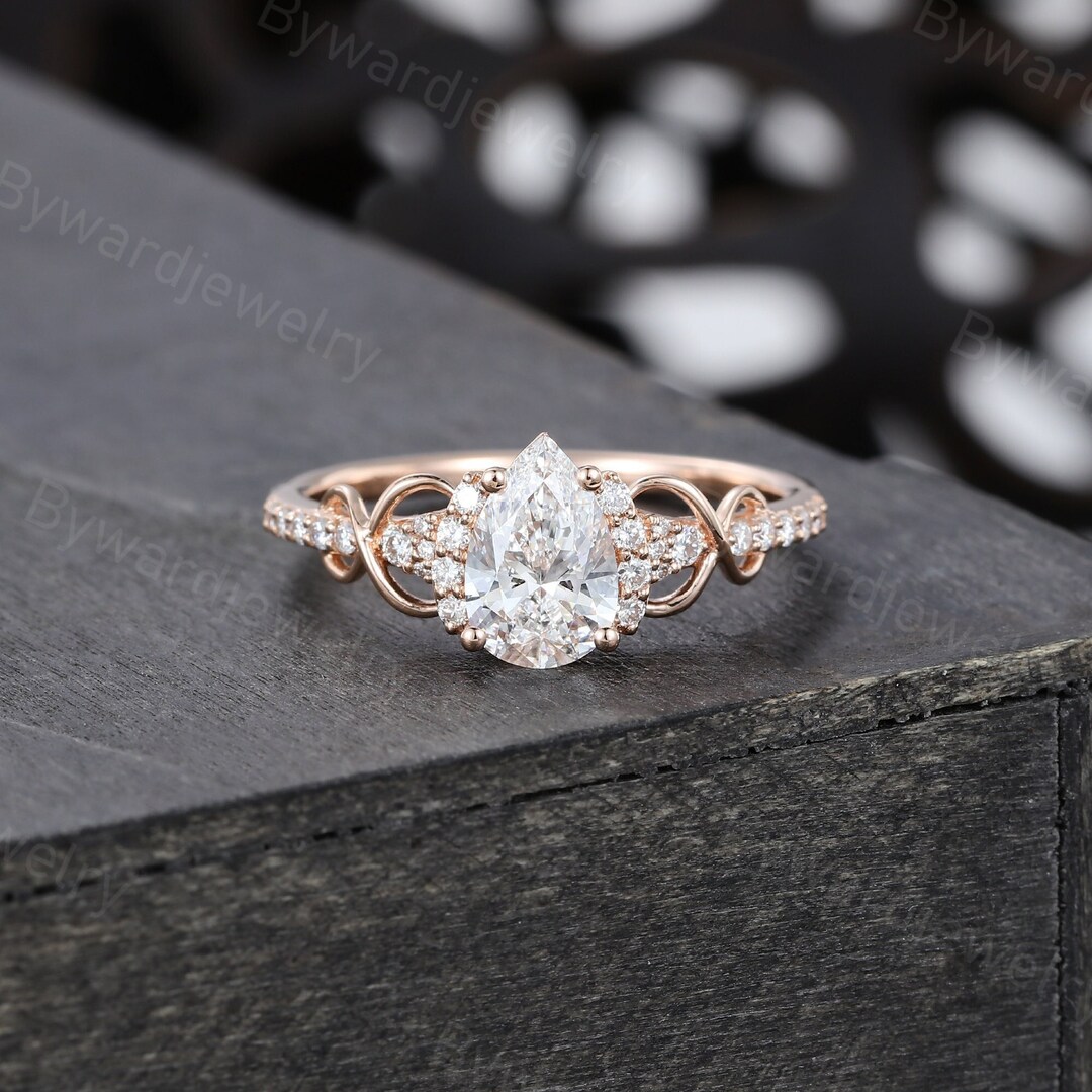 Pear Shaped Lab Diamond Engagement Ring Unique Rose Gold Moissanite ...