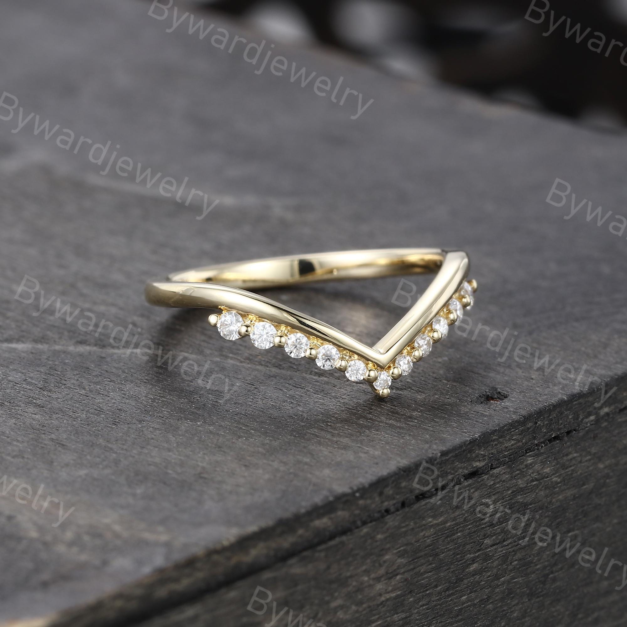 Moissanite Curved Wedding Band Unique Yellow Gold Wedding Band Vintage ...