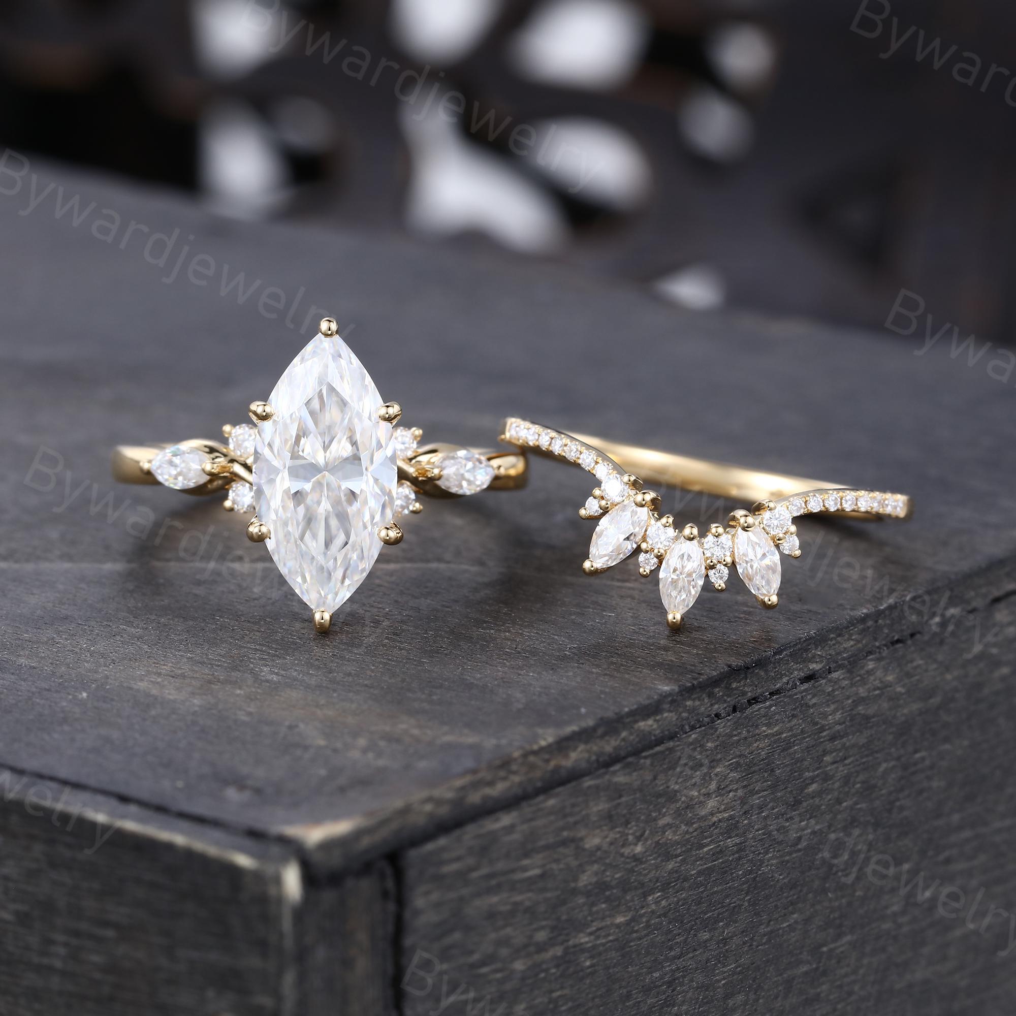 Unique Marquise cut 2CT Moissanite engagement ring set Vintage Solid Yellow gold ring wedding ring Bridal set Promise ring Anniversary ring