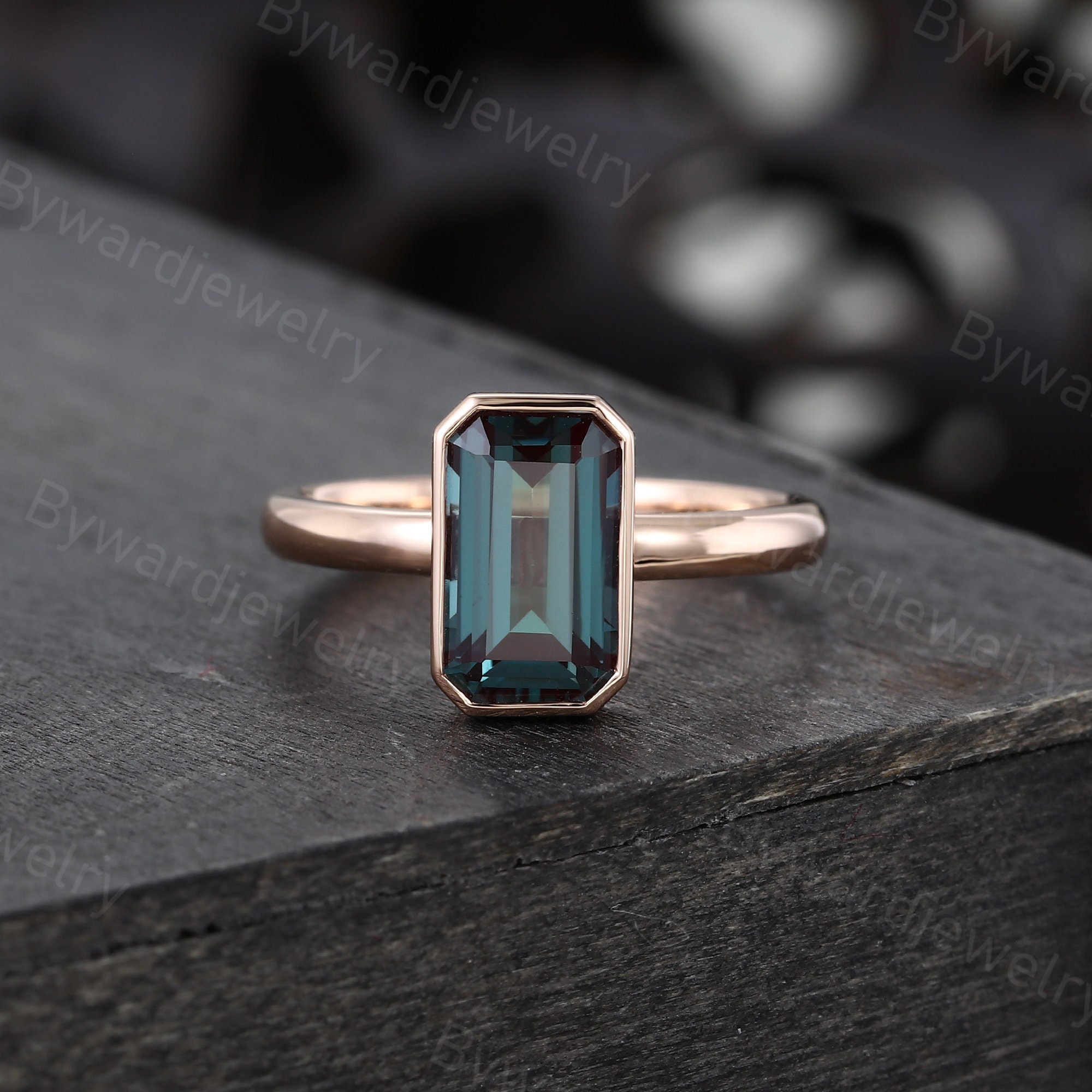 Emerald cut Alexandrite engagement ring Unique Rose gold ring Bezel set ring Antique Solitaire ring wedding ring Promise Anniversary ring