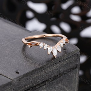 Curved Marquise Cut Moissanite Wedding Band Vintage Rose Gold Wedding ...