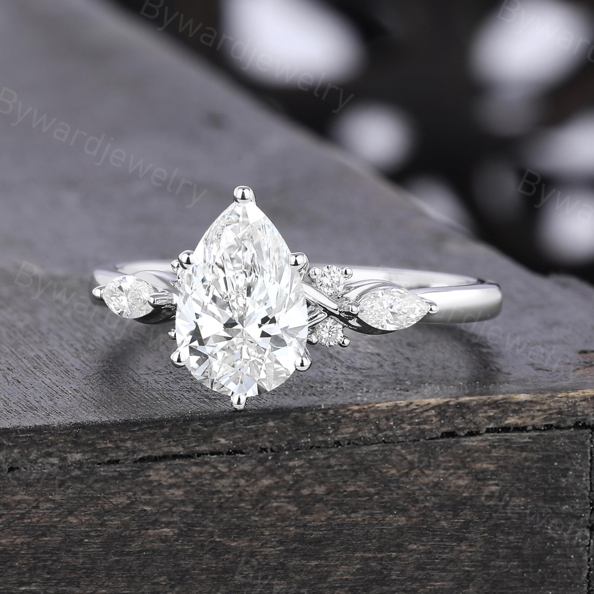 Unique Pear Shaped Lab Grown Diamond Engagement Ring White Gold Ring ...