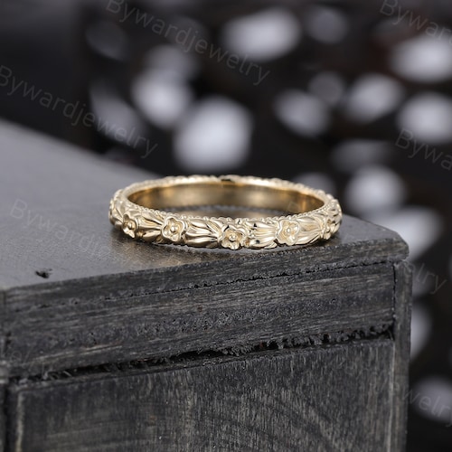 Unique Flower 14K/18K Plain gold wedding band Delicate woman wedding band Art deco band Bridal wedding Promise Anniversary ring for her