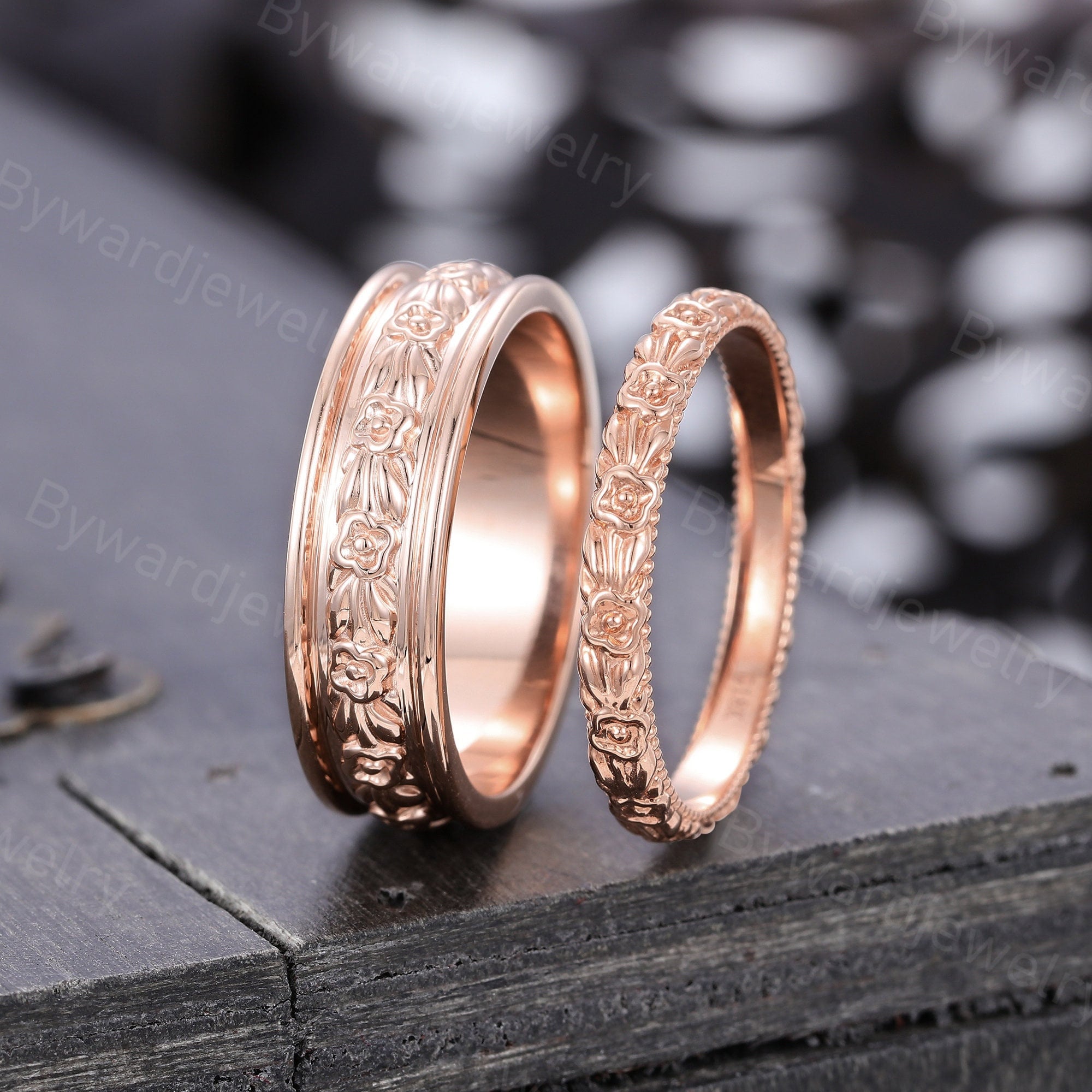 Couples Ring Set Solid Rose Gold Filigree Wedding Rings Set Unique