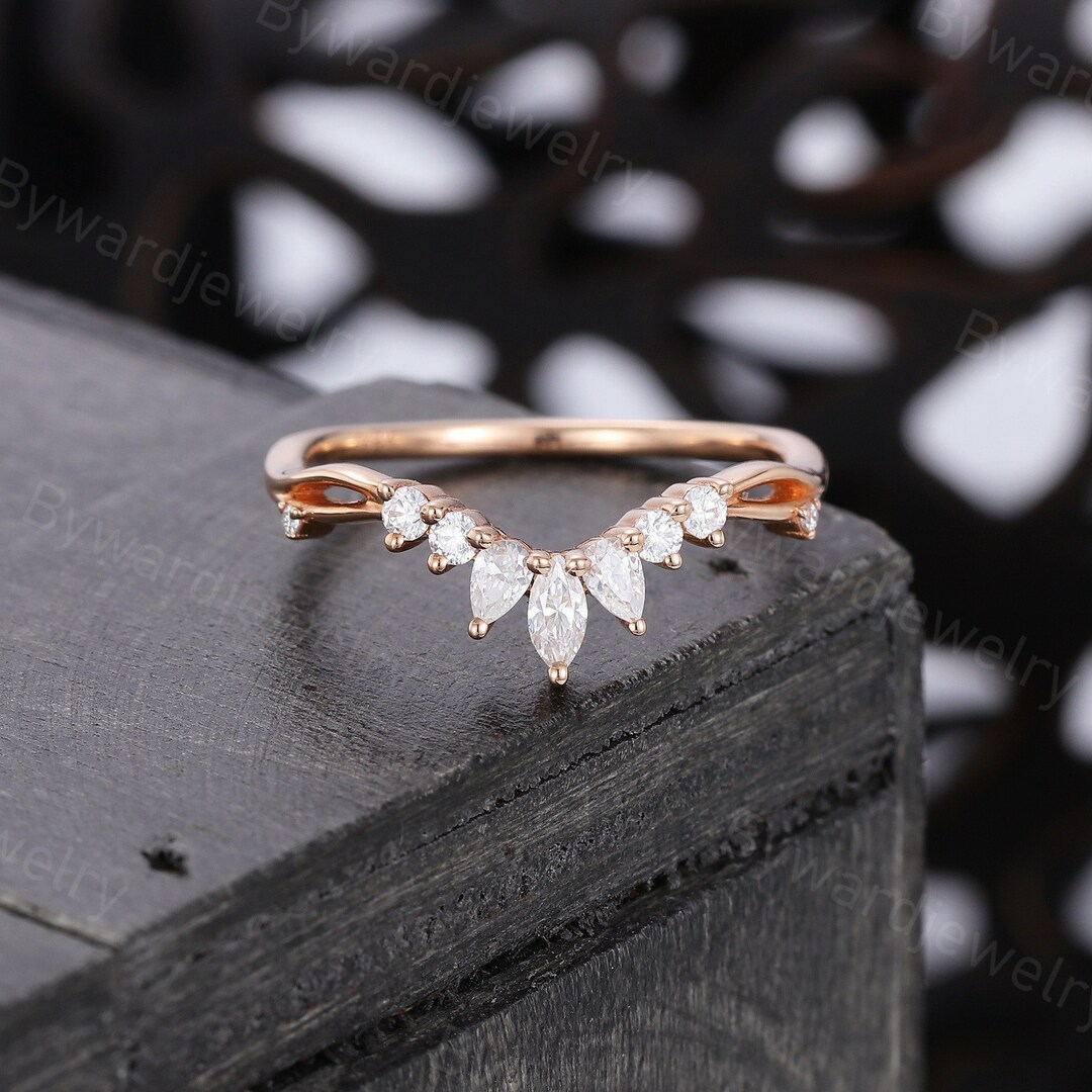 Curved Marquise Cut Moissanite Wedding Band Vintage Rose Gold Wedding ...