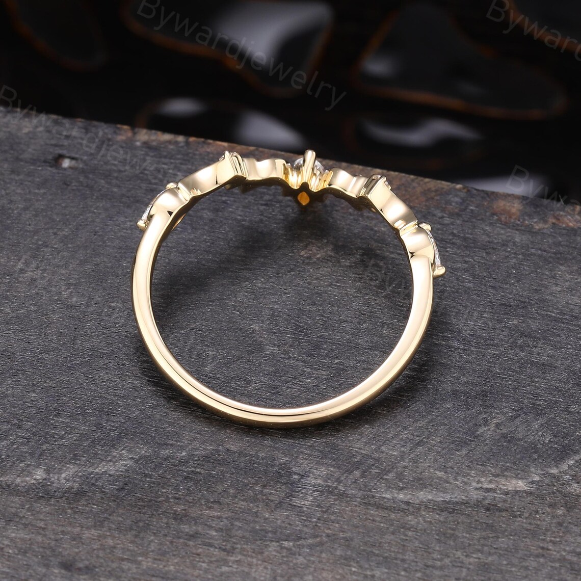 Marquise Cut Moissanite Curved Wedding Band Unique Yellow Gold Ring ...