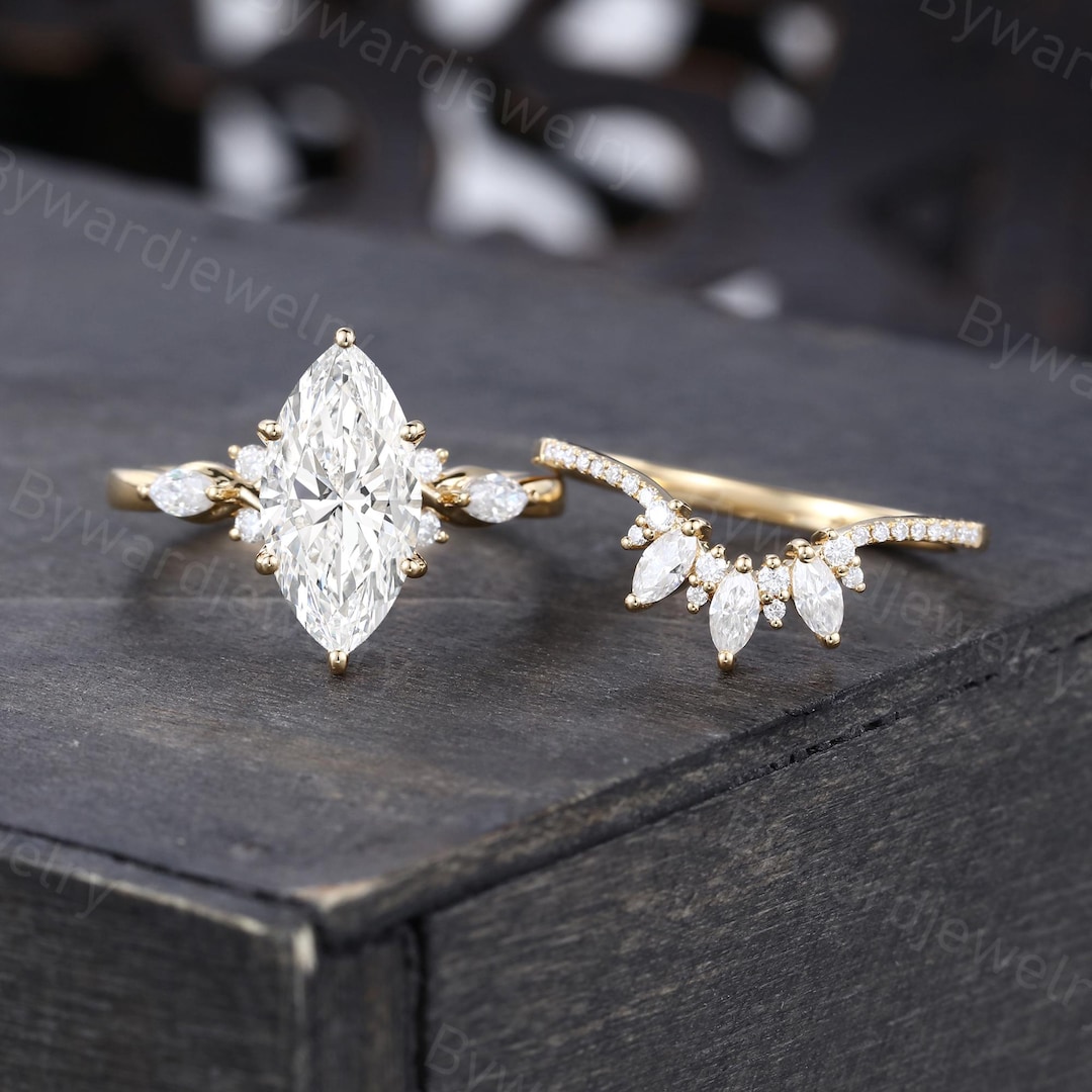 2CT Marquise Cut Lab Grown Diamond Engagement Ring Set Vintage Solid ...