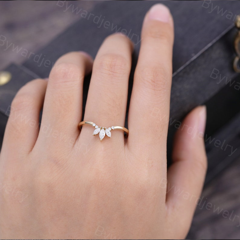 Marquise Moissanite Curved Wedding Band Vintage Unique Yellow Gold ...