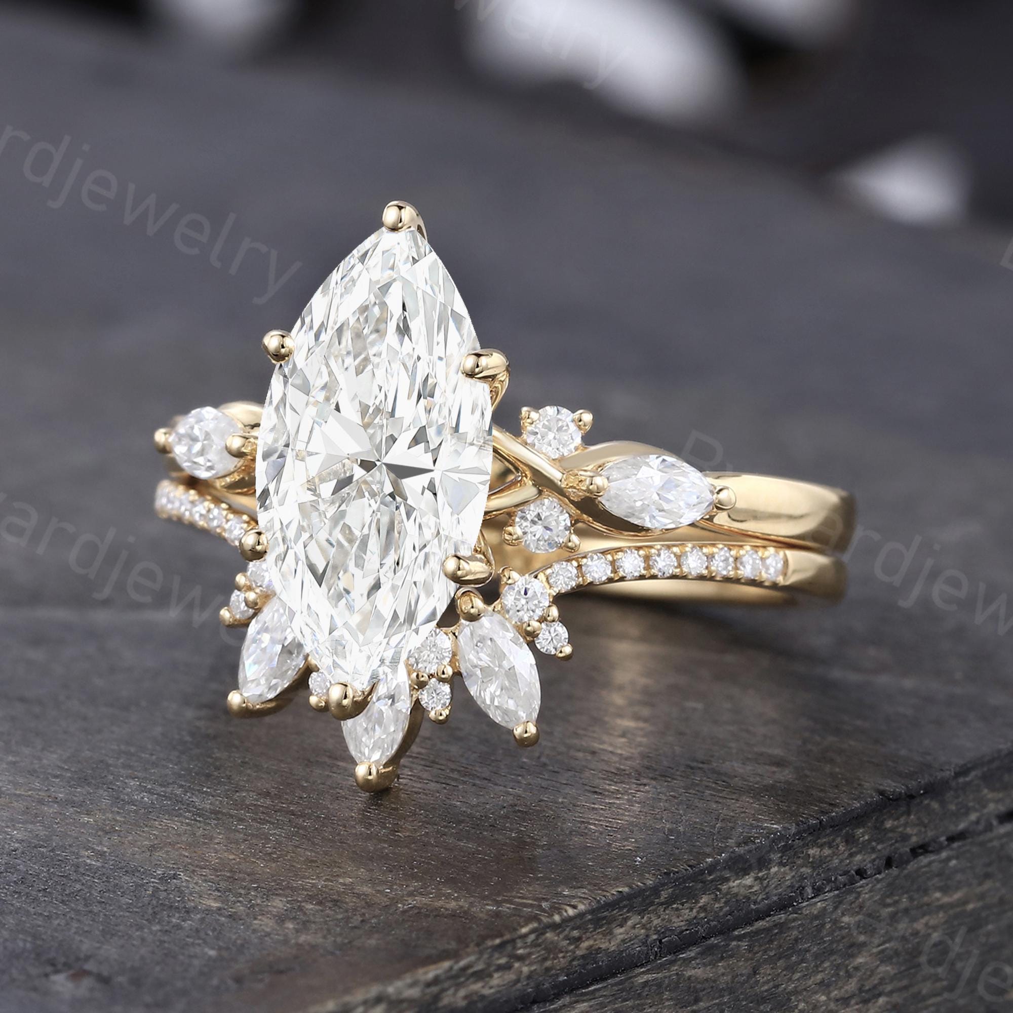 2CT Marquise Cut Lab Grown Diamond Engagement Ring Set Vintage Solid ...