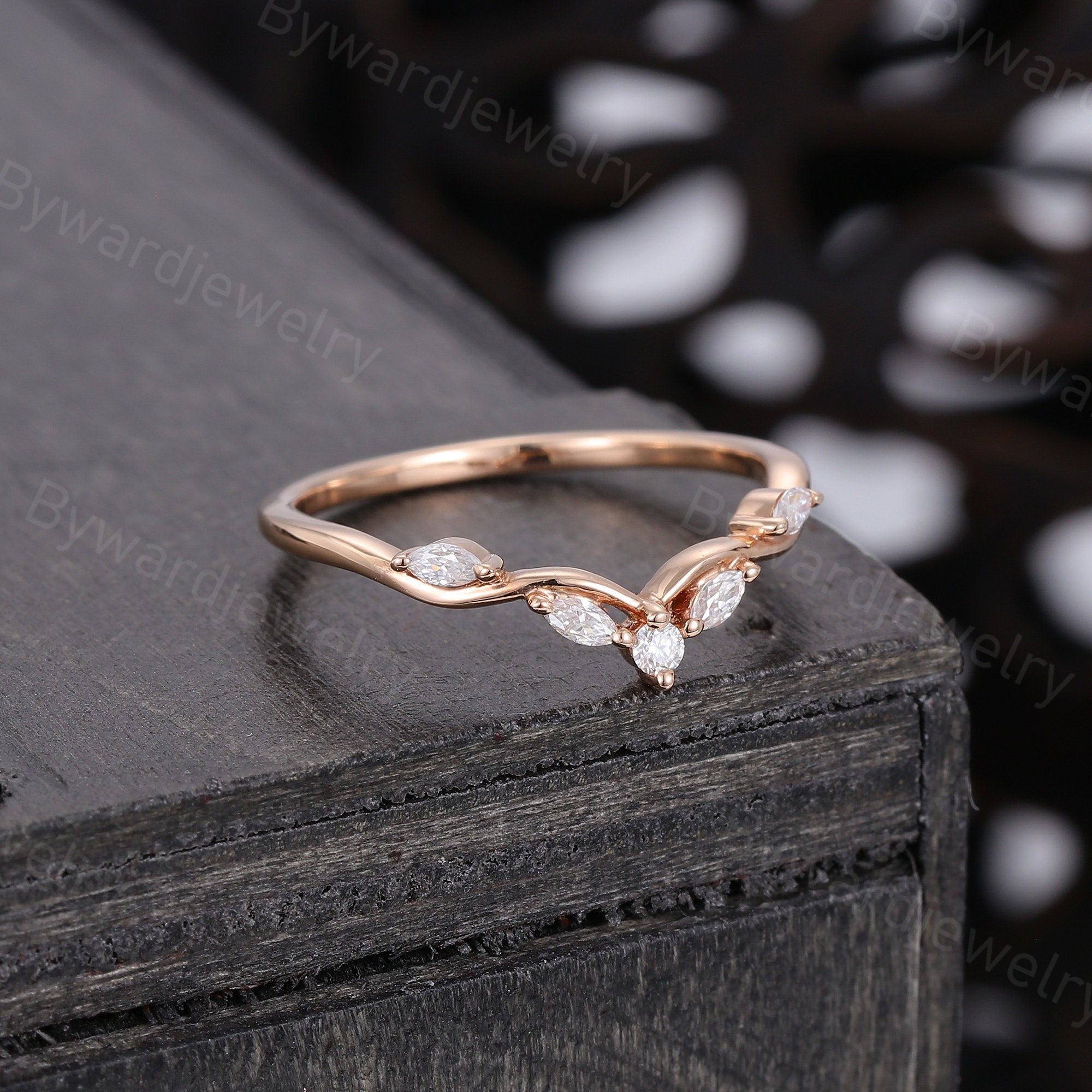 Marquise Cut Moissanite Curved Wedding Band Unique Rose Gold Diamond ...