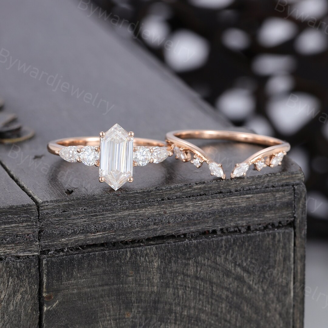 Long Hexagon Moissanite Engagement Ring Set Vintage Rose Gold Pear