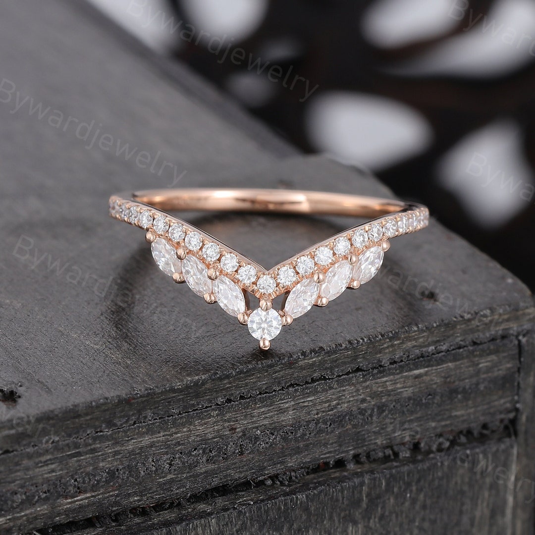 Marquise Moissanite Curved Wedding Band Rose Gold Diamond Ring Half ...