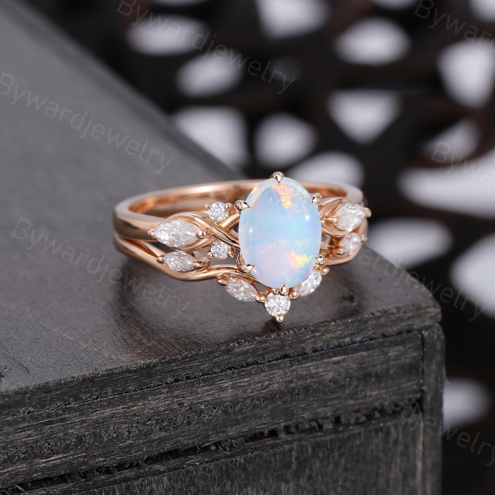 Oval Cut Opal Engagement Ring Set Unique Rose Gold Diamond Ring ...