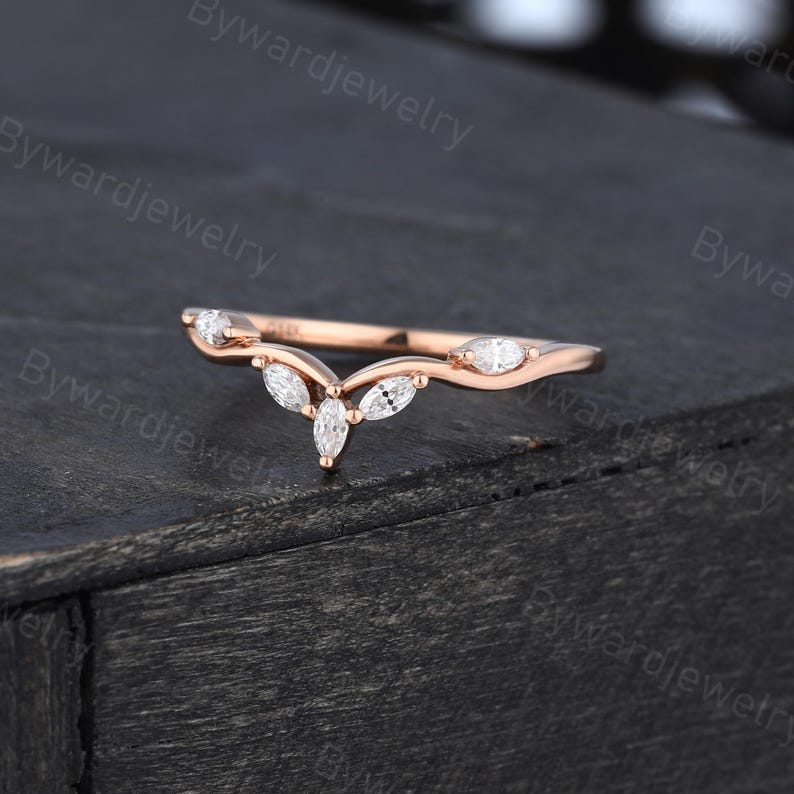 Marquise Cut Moissanite Curved Wedding Band Unique Rose Gold Ring ...