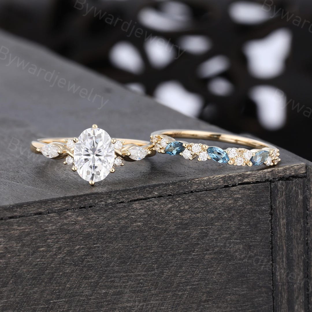Oval Cut Moissanite Engagement Ring Set Unique Yellow Gold Marquise ...
