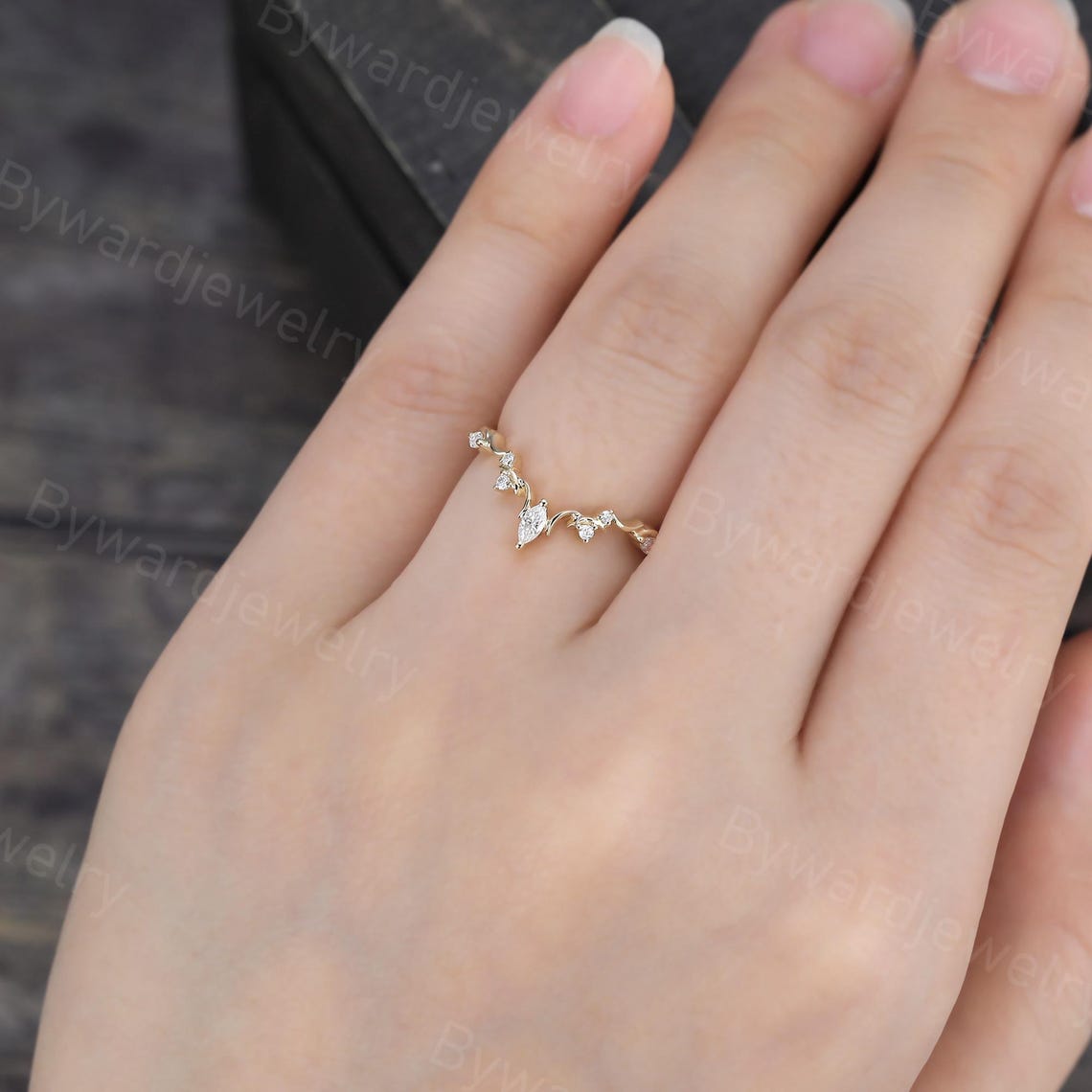 Marquise Cut Moissanite Curved Wedding Band Unique Yellow Gold Ring ...