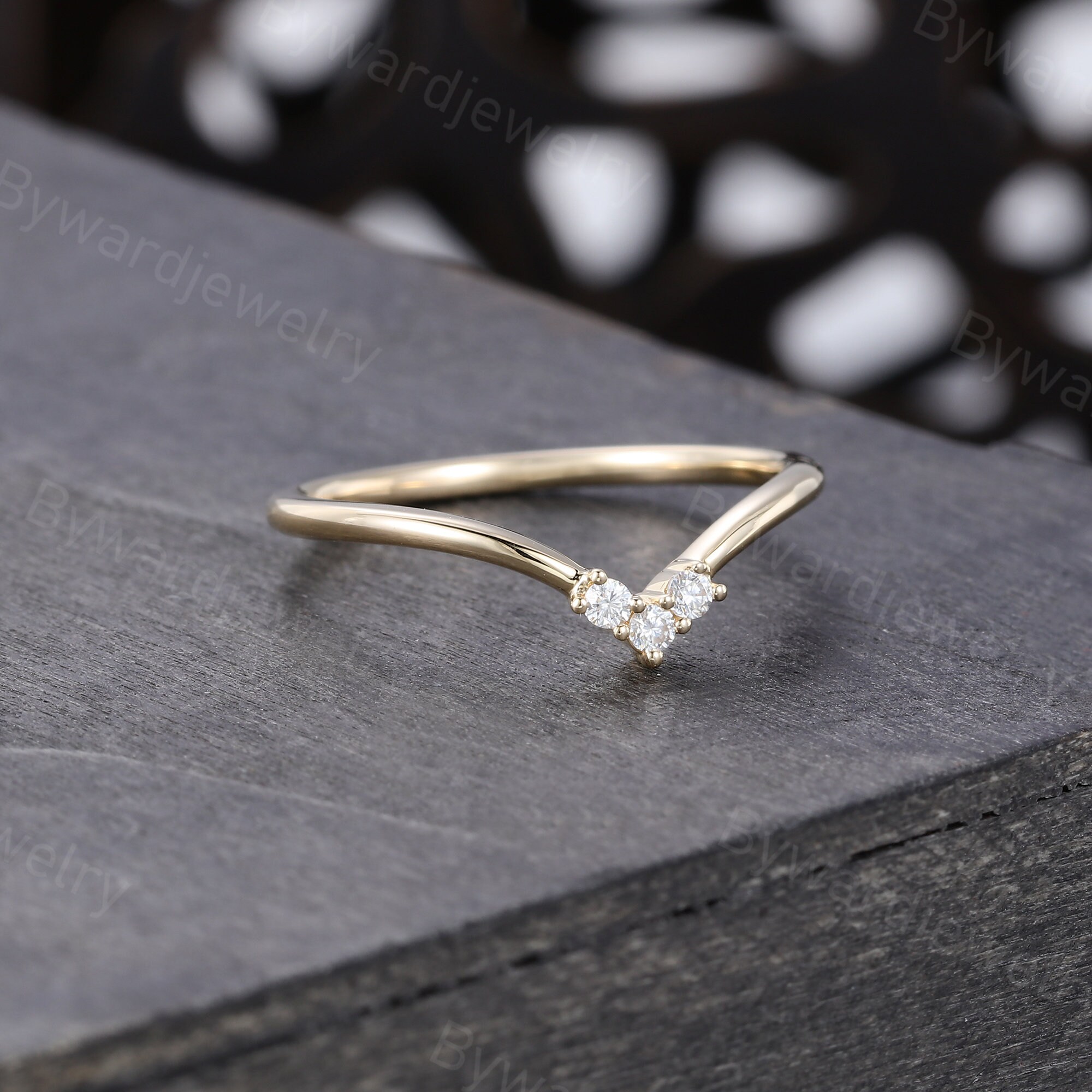 Unique Moissanite Curved Wedding Band Vintage 14k Yellow Gold Wedding ...
