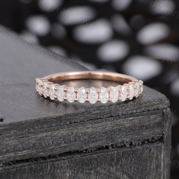 Oval Cut Moissanite Wedding Band Unique Rose Gold Wedding Band