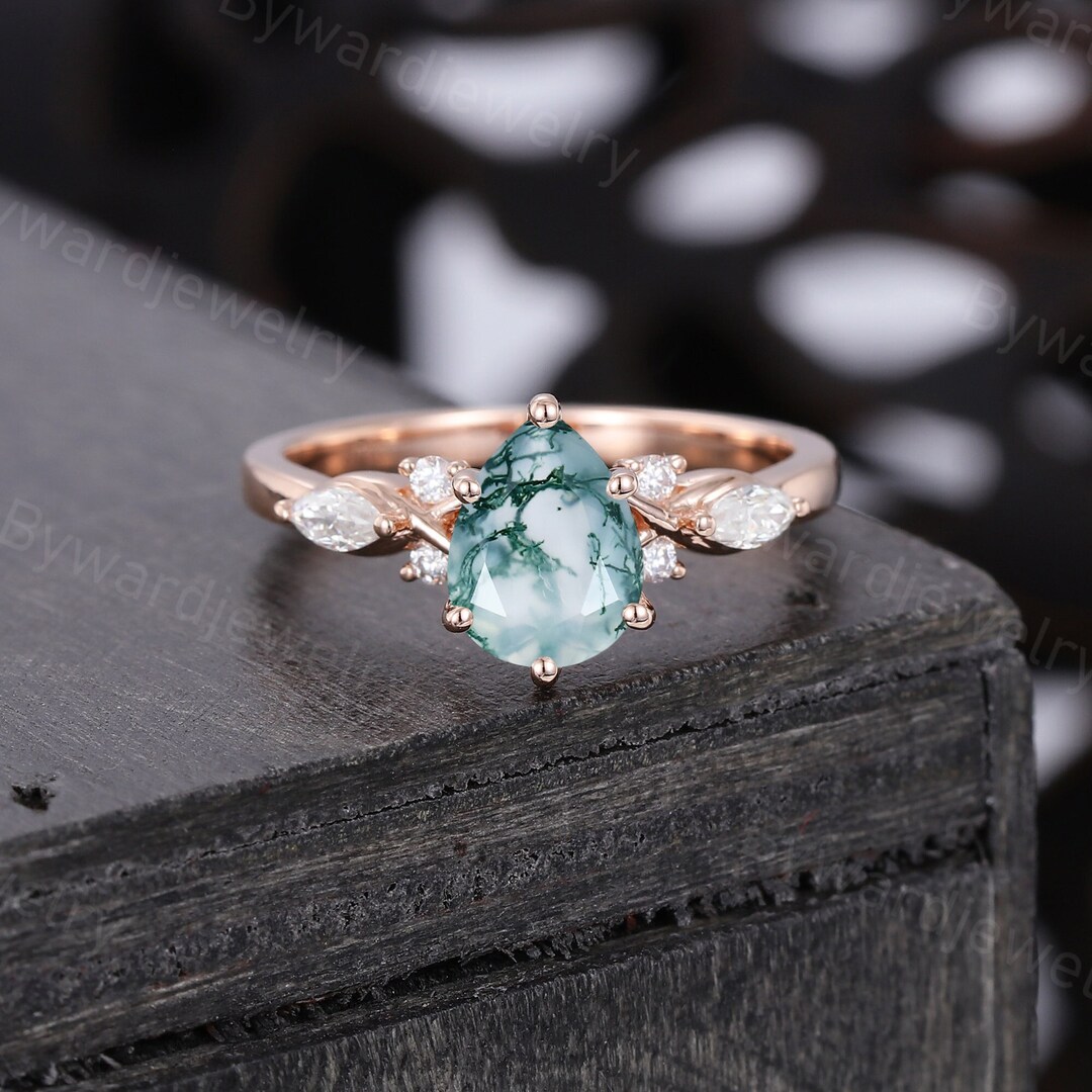 Pear Shaped Moss Agate Engagement Ring Unique Rose Gold - Etsy