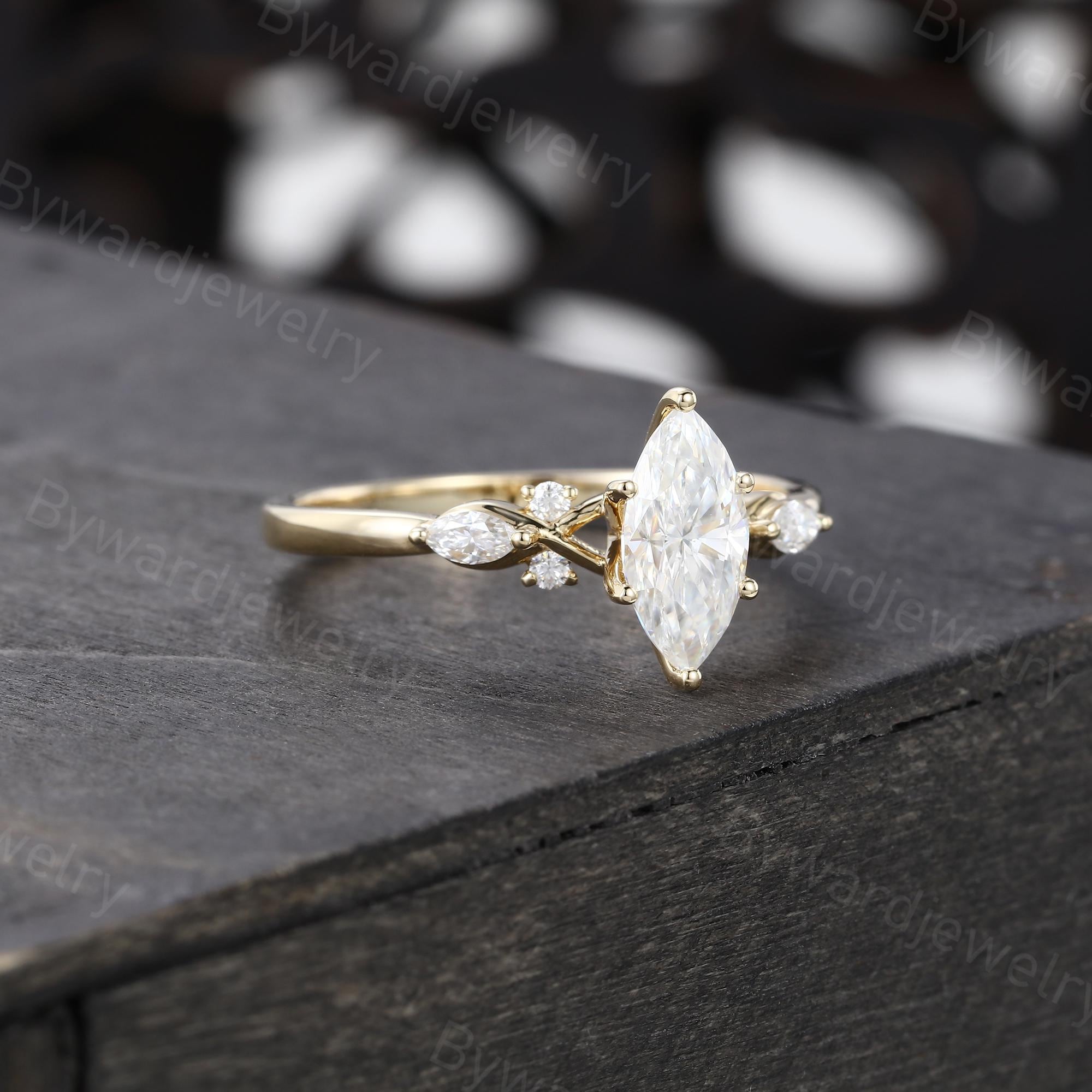 Marquise Cut Moissanite Engagement Ring Unique Yellow Gold Ring Vintage ...