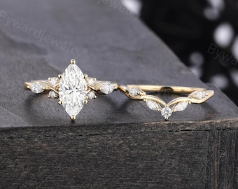 1 karaat marquise diamant laboratoriumgekweekte verlovingsring set Unieke geelgouden ringenset Diamanten trouwring beloftesring Jubileumring