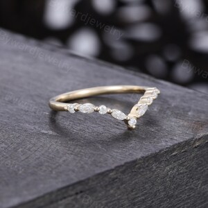 Marquise Cut Moissanite Curved Wedding Band Unique 14k Yellow Gold ...