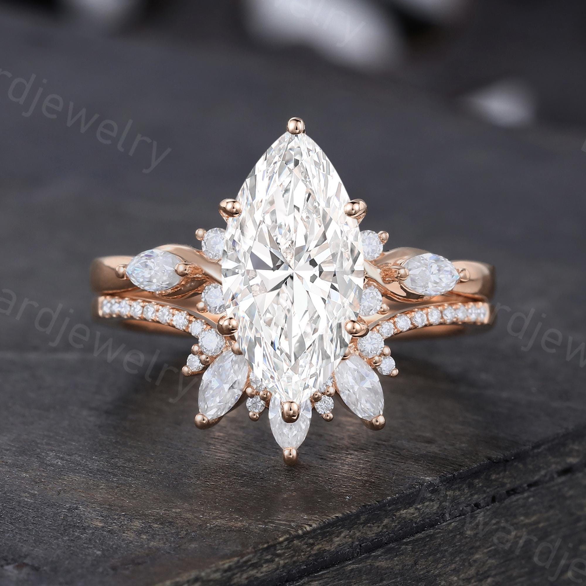 2CT Marquise Cut Lab Grown Diamond Engagement Ring Set Vintage Solid ...
