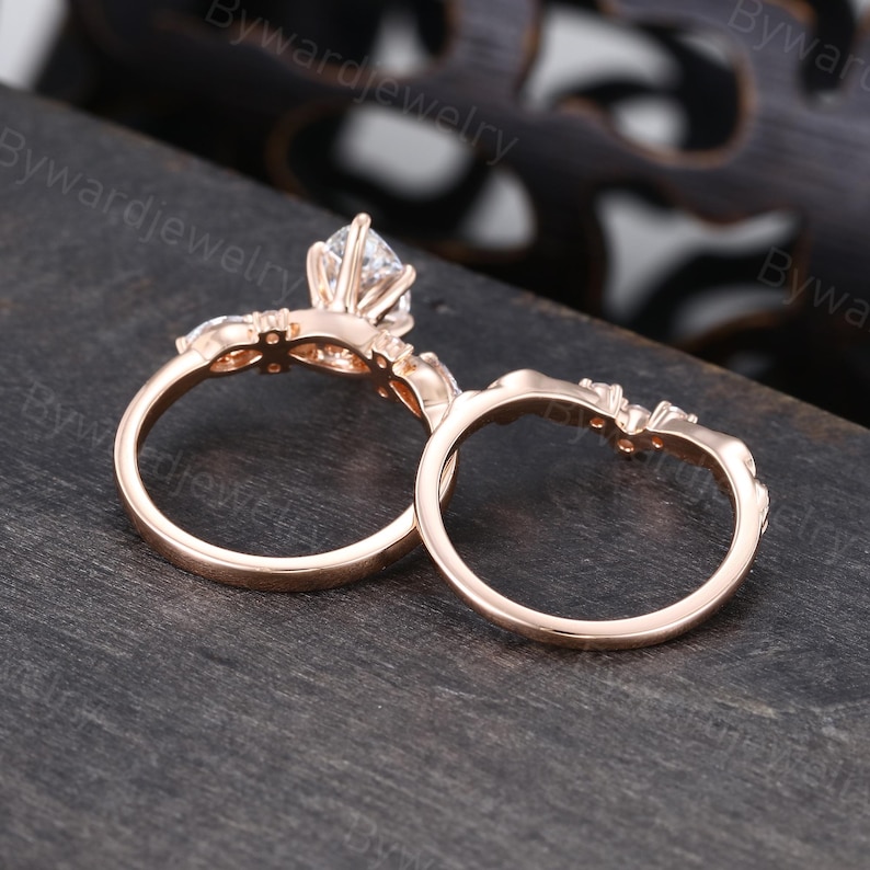 1CT Marquise Cut Lab Grown Diamond Engagement Ring Set Unique Rose Gold ...