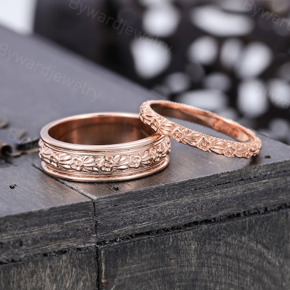 Couples Ring Set 14k Rose Gold Filigree Wedding Rings Set Unique