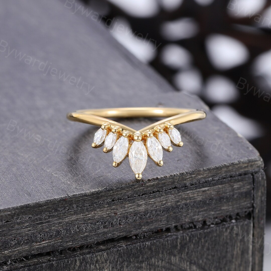 Unique Marquise Cut Moissanite Curved Wedding Band Vintage Yellow Gold ...