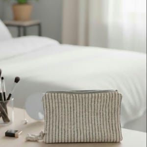 Gray & Cream Striped Zippered Pouch