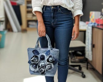 Roses are Blue Denim Bag, Upcycled Jean Handbag