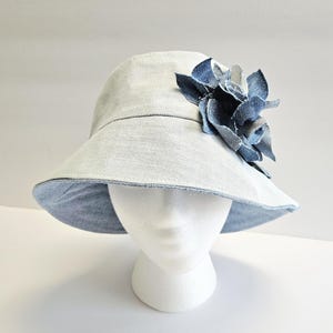 Denim Flowers Bucket Hat/Light Blue Jean Hat/Women&#39;s Bucket Hat, Handmade Upcycled