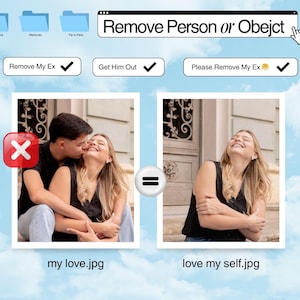 Könnte beinhalten: Digitales Kunstwerk mit himmelblauem Hintergrund und Wolkengrafiken. Das Bild zeigt ein Vorher-Nachher-Konzept, mit einem Foto eines Paares links und einem Foto einer Frau rechts. Der Text enthält "Remove Person or Object."