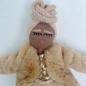 Modern Handmade Heirloom Doll - Box Braids Black Brown Skinned Fashion Fabric Doll Gift Wrapped + Box