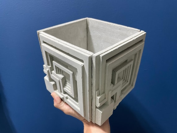 Handmade Frank Lloyd Wright Inspired Concrete Geometric Planter, Modern Patio Decor