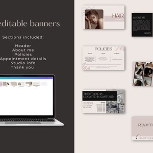 May include: Six editable banners for a hair salon. The banners include sections for a header, about me, policies, appointment details, studio info, and thank you. The banners are in a minimalist style with a pink and white color scheme.