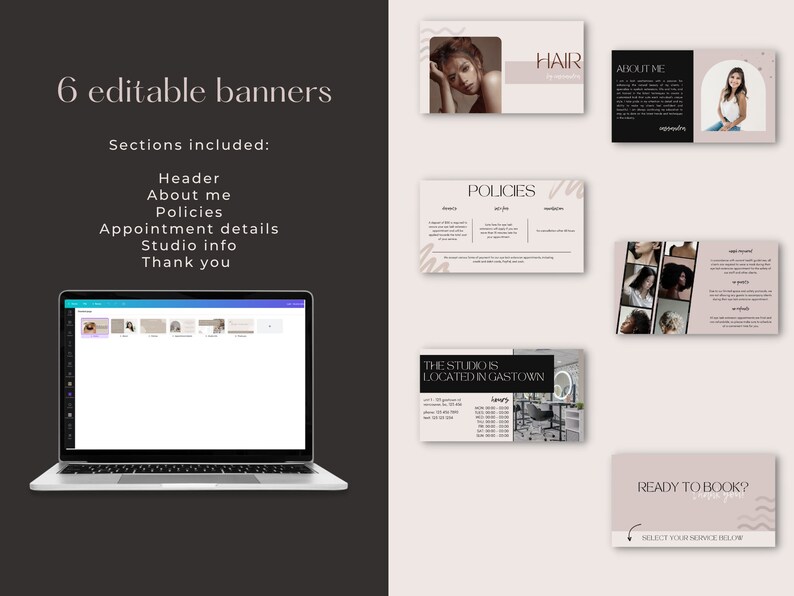 May include: Six editable banners for a hair salon. The banners include sections for a header, about me, policies, appointment details, studio info, and thank you. The banners are in a minimalist style with a pink and white color scheme.