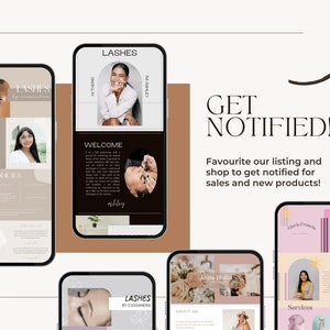 May include: Four mobile phone screens displaying a website for a lash business called "Lashes by Cassandra". The website features a welcome message, about me section, services, and policies. The text "GET NOTIFIED!" is displayed above the phones with an arrow pointing upwards.
